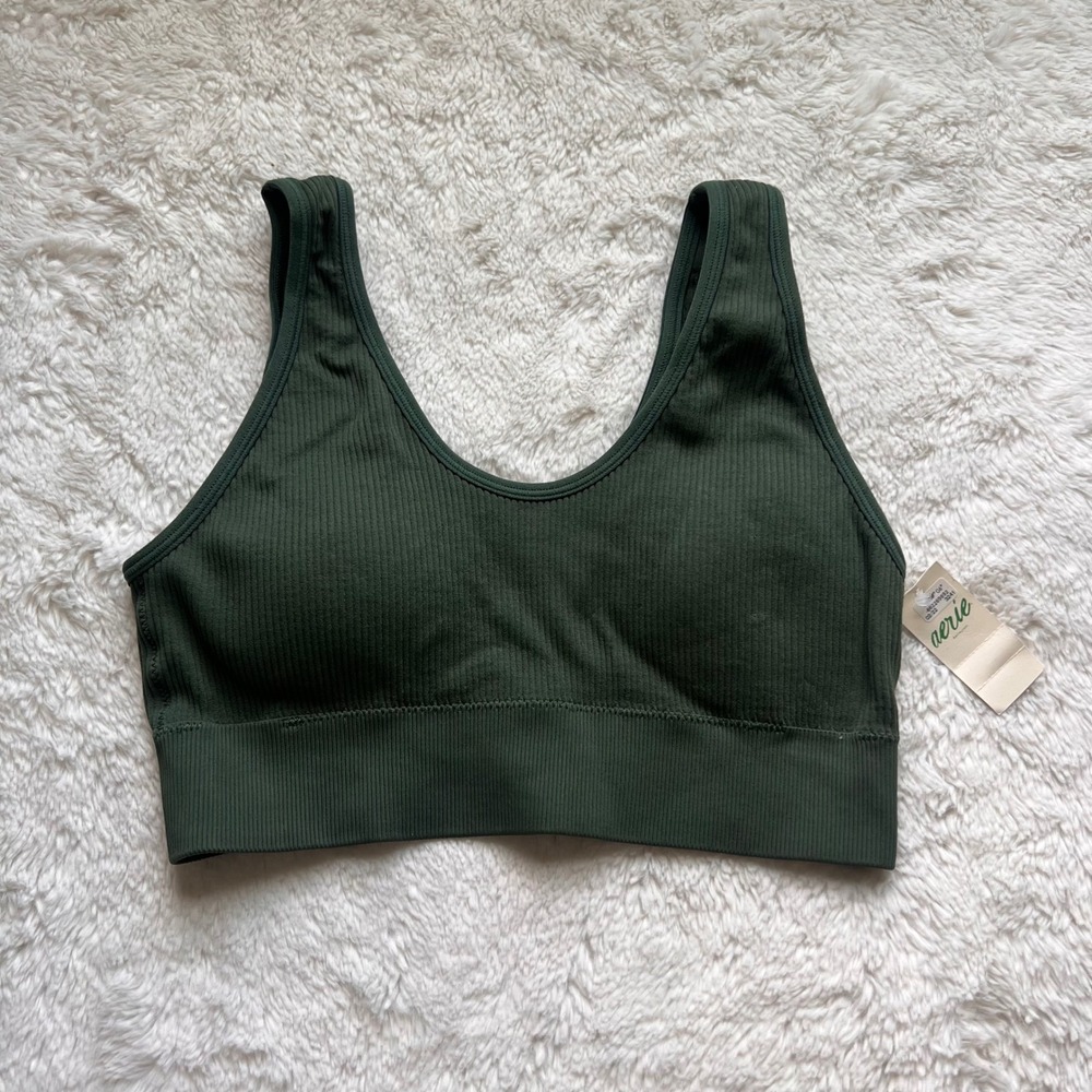 Aerie Real Good Ribbed Scoop Neck Bralette Forest Green 2693-3241 Medium Comfort